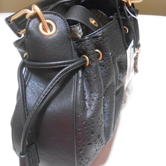 NEW BLK JESSICA SIMPSON HOLLIS HOBO FAUX LEATHER PURSE BAG GOLD BUTTERFLY CHARM - Picture 7 of 15